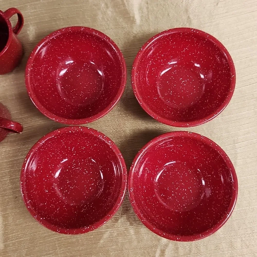 Red Enamel Ware Speckeled Metal Bowls and Cups